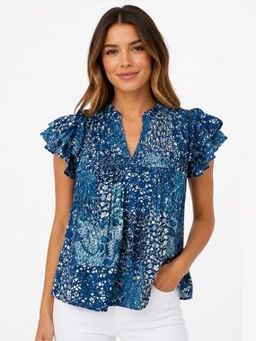 Rose + Olive Blue Boho Flutter Sleeve Blouse Small Abstract Print Top